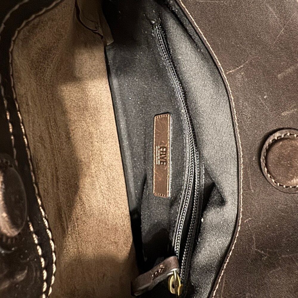 Frye Charlie Leather Tote Bag in dark brown with a structured top handle - Picture 8 of 9